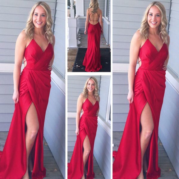 Trendy Red Straps Sweetheart High Split Prom Gown SREAL204