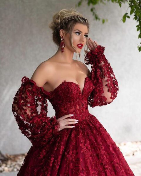 Deep Burgundy Evening Party Dress Sweetheart Prom Dresses Lace Appliques Evening Dresses C1957