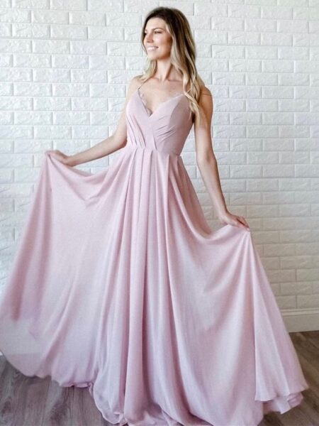 A-line Pink V Neck Spaghetti Straps Prom Dresses, Sweet 16 Prom Dresses, 12454