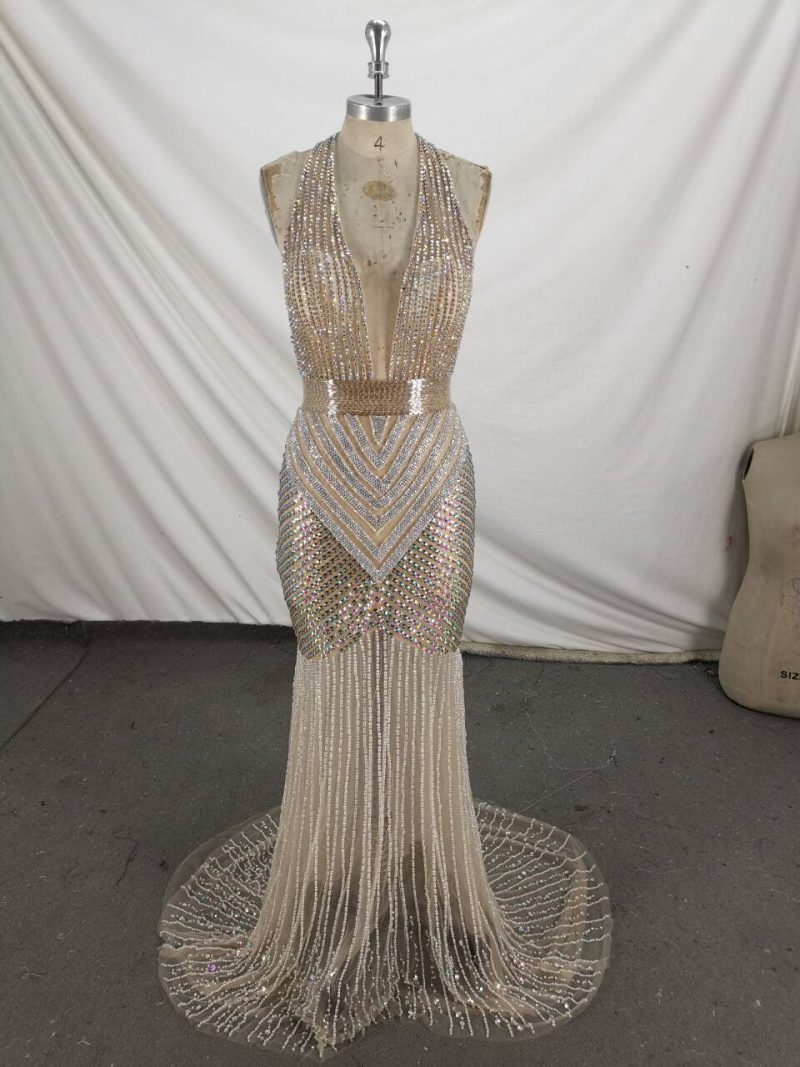 green emerald velvet dress Silver Beaded Long Sleeve Mesh Gown  Elegant A-Line Evening Dress with  Illusion Neckline