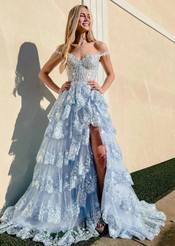 Off-the-Shoulder Ball Gown with Beaded Bustier and High Slit Gold main image 1