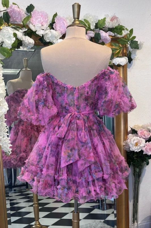 Deep V Neck Sparkly Homecoming With Lantern Sleeve cc55