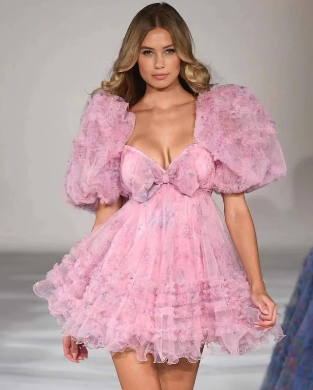 Pink tube top three-dimensional flower waist cute cake tulle skirt short skirt homecoming dress R4271 main image 0