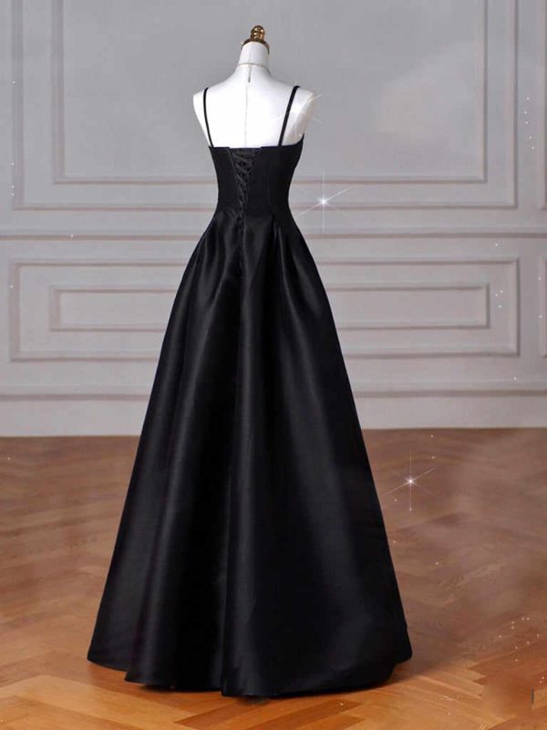 Spaghetti Long A-line Chiffon Beaded Black Prom Dresses, PD0887