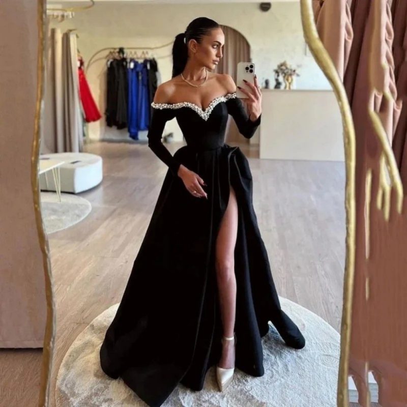 Floor-Length Gown with Beaded Bodice and Deep Scoop Back Black