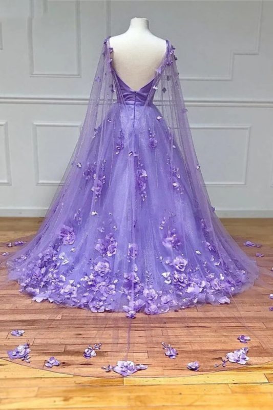 Trend4us Luxe Plunge Cape Sleeve Flower Embellished Gown