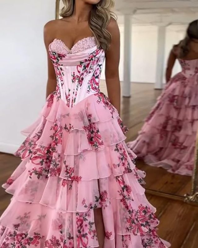 Pretty Strapless Chiffon Print Floral Layered Evening Dress Slit Prom Dress Y7881 main image 0